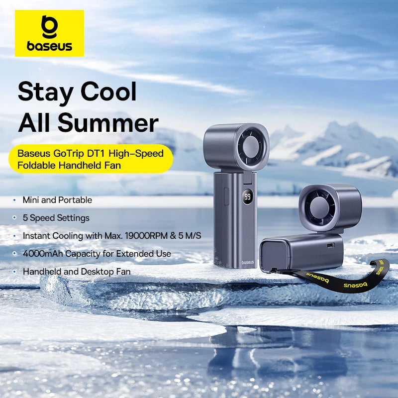 Ventilador Portátil Baseus Mini – Plegable, 5 Velocidades, Recargable 4000mAh para Hogar, Exterior y Coche