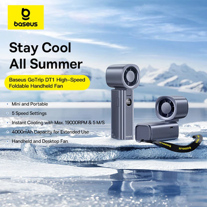 Ventilador Portátil Baseus Mini – Plegable, 5 Velocidades, Recargable 4000mAh para Hogar, Exterior y Coche