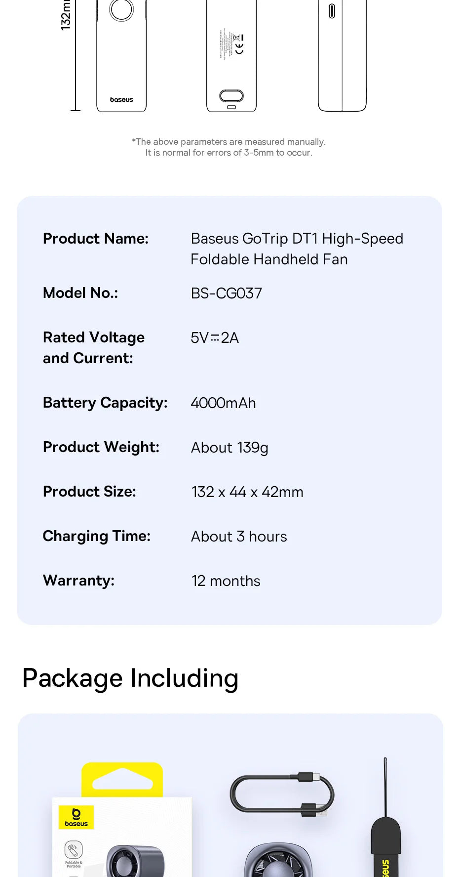 Ventilador Portátil Baseus Mini – Plegable, 5 Velocidades, Recargable 4000mAh para Hogar, Exterior y Coche