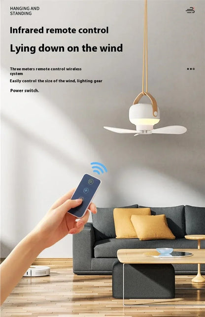 Ventiladores de techo portátiles, ventilador eléctrico LED recargable, lámpara de noche para el hogar, tienda de campaña al aire libre, ventilador colgante con Control remoto