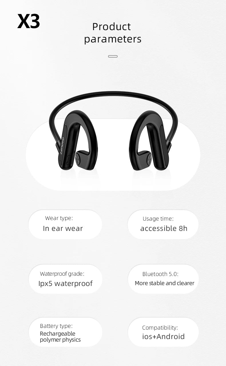 Lenovo-auriculares de conducción ósea X3 Pro, cascos inalámbricos con gancho para la oreja, Bluetooth, Hifi, con micrófono, resistentes al agua