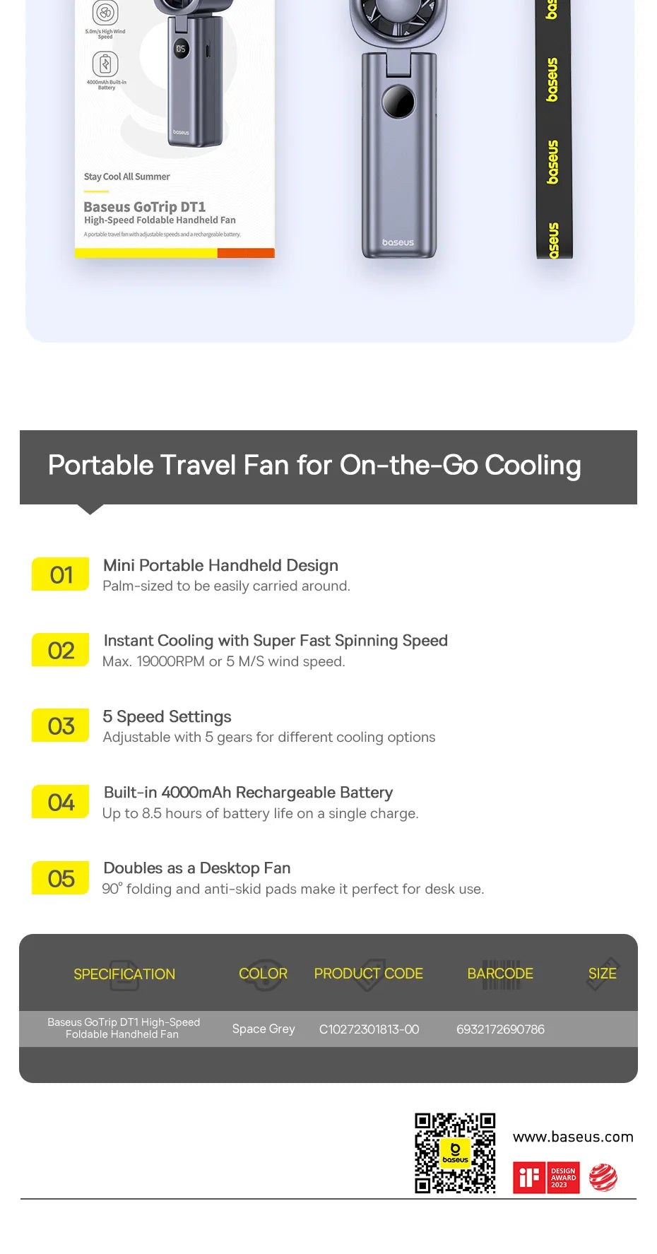 Ventilador Portátil Baseus Mini – Plegable, 5 Velocidades, Recargable 4000mAh para Hogar, Exterior y Coche