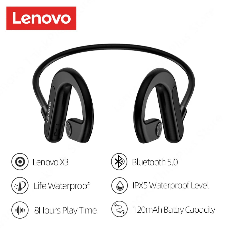 Lenovo-auriculares de conducción ósea X3 Pro, cascos inalámbricos con gancho para la oreja, Bluetooth, Hifi, con micrófono, resistentes al agua