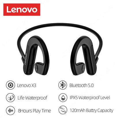 Lenovo-auriculares de conducción ósea X3 Pro, cascos inalámbricos con gancho para la oreja, Bluetooth, Hifi, con micrófono, resistentes al agua