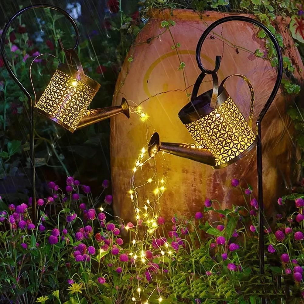 Linterna de Metal Retro grande, regadera Solar, luces de ducha impermeables para exteriores, Hada LED de estrella colgante para decoración de jardín