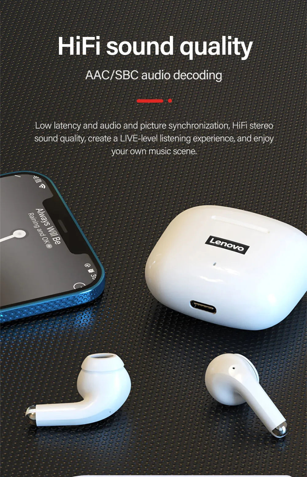 Lenovo-auriculares inalámbricos LP40 Pro con Bluetooth 5,1, dispositivo de audio de alta capacidad, diseño semiintrauditivo, Chip inteligente con micrófono