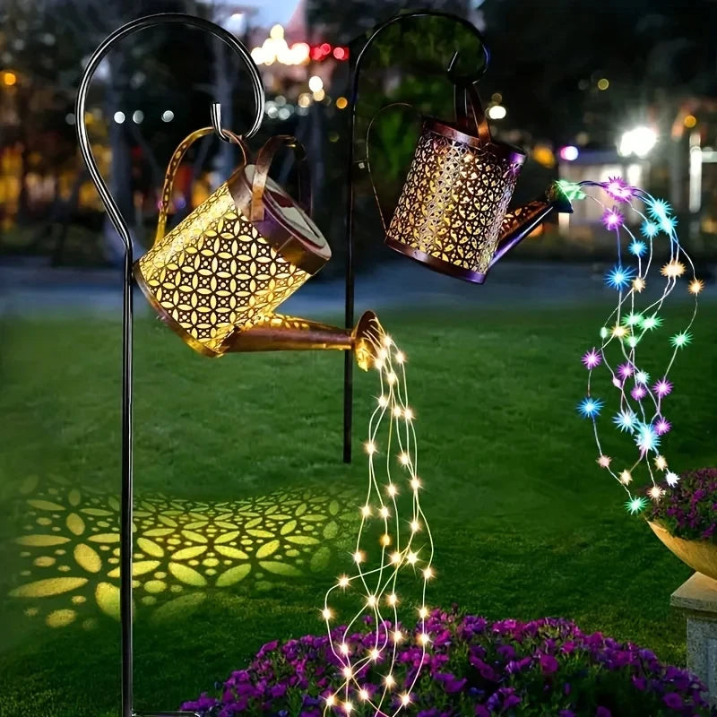 Linterna de Metal Retro grande, regadera Solar, luces de ducha impermeables para exteriores, Hada LED de estrella colgante para decoración de jardín