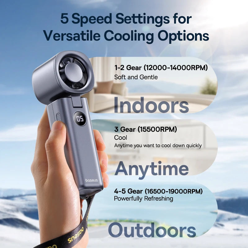 Ventilador Portátil Baseus Mini – Plegable, 5 Velocidades, Recargable 4000mAh para Hogar, Exterior y Coche