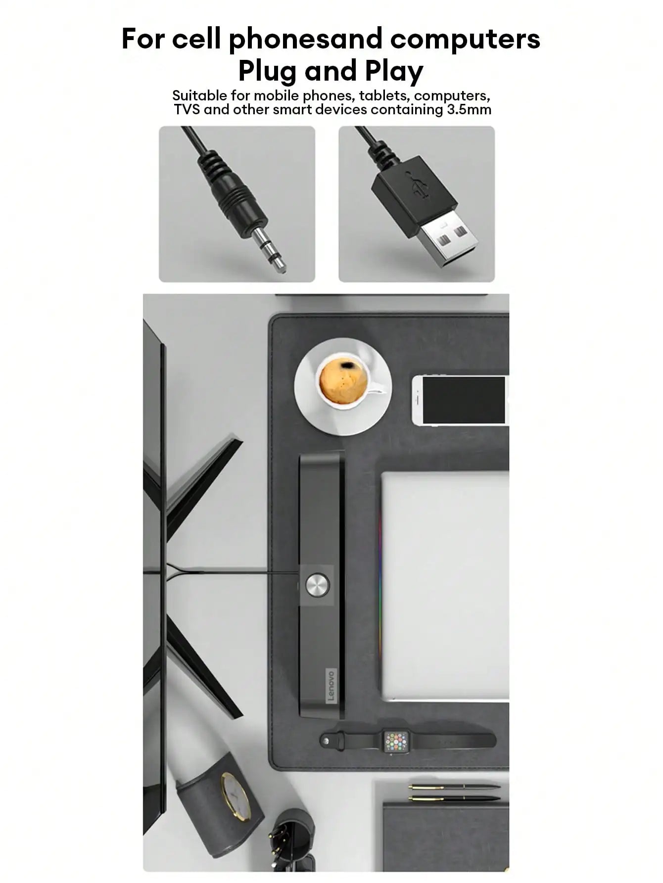 Barra de Sonido Lenovo TS33 con Subwoofer AUX y Bluetooth 5.0 – Sonido Envolvente 360° para PC y Cine en Casa