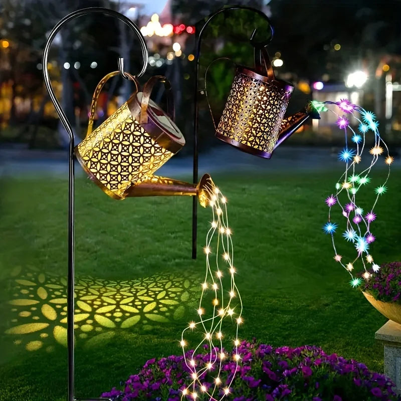 Linterna de Metal Retro grande, regadera Solar, luces de ducha impermeables para exteriores, Hada LED de estrella colgante para decoración de jardín