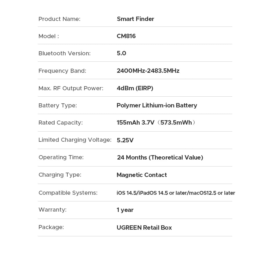 UGREEN Smart Tag Bluetooth Tracker, buscador de llaves Localizador de artículos SmartTag Batería de hasta 2 años para iPhone Apple Find My (solo IOS)