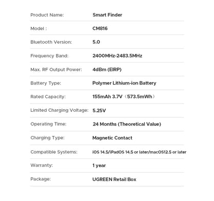 UGREEN Smart Tag Bluetooth Tracker, buscador de llaves Localizador de artículos SmartTag Batería de hasta 2 años para iPhone Apple Find My (solo IOS)