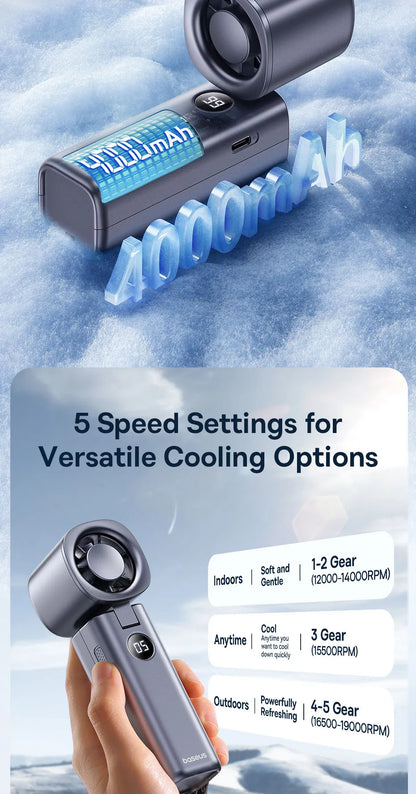 Ventilador Portátil Baseus Mini – Plegable, 5 Velocidades, Recargable 4000mAh para Hogar, Exterior y Coche