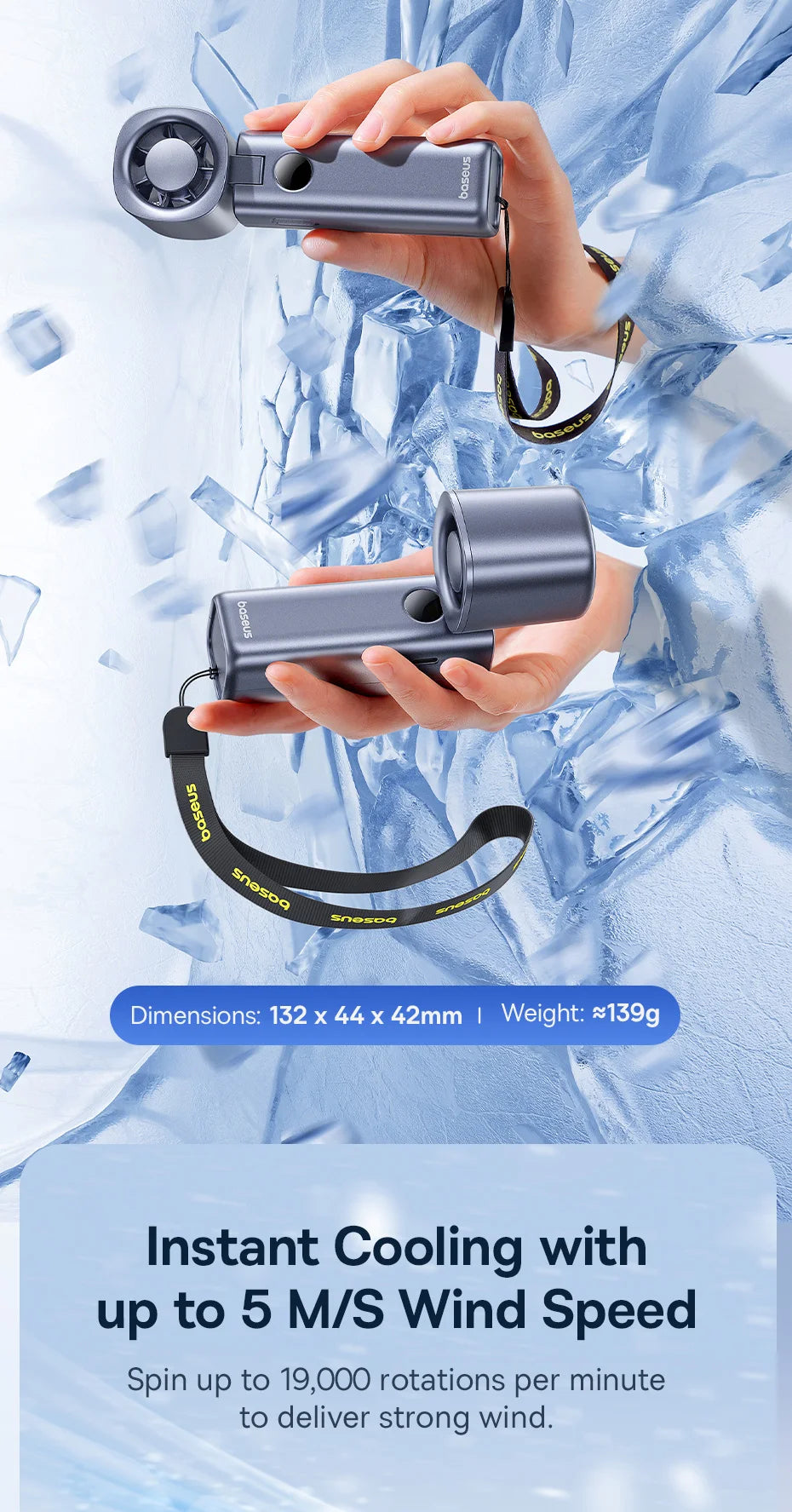 Ventilador Portátil Baseus Mini – Plegable, 5 Velocidades, Recargable 4000mAh para Hogar, Exterior y Coche