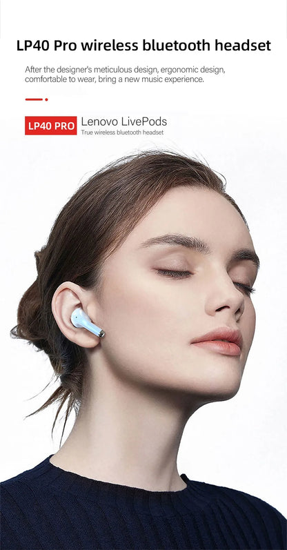 Lenovo-auriculares inalámbricos LP40 Pro con Bluetooth 5,1, dispositivo de audio de alta capacidad, diseño semiintrauditivo, Chip inteligente con micrófono