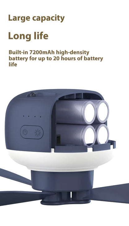 Ventiladores de techo portátiles, ventilador eléctrico LED recargable, lámpara de noche para el hogar, tienda de campaña al aire libre, ventilador colgante con Control remoto