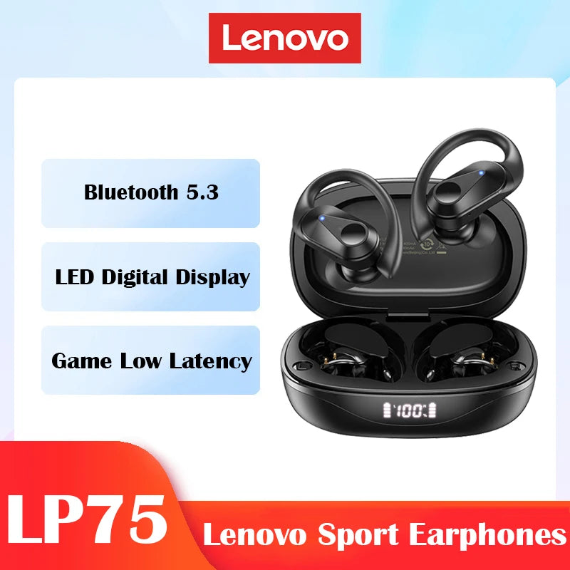 Nuevos auriculares deportivos Lenovo LP75 TWS, auriculares inalámbricos Bluetooth 5,3, auriculares estéreo HiFi resistentes al agua con reducción de ruido y micrófonos