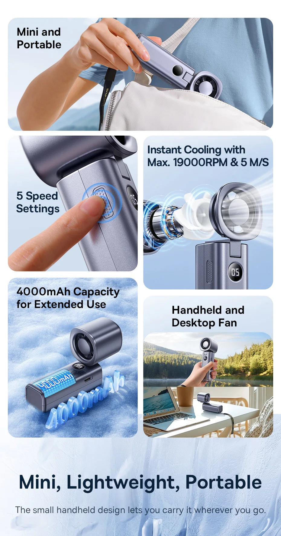 Ventilador Portátil Baseus Mini – Plegable, 5 Velocidades, Recargable 4000mAh para Hogar, Exterior y Coche