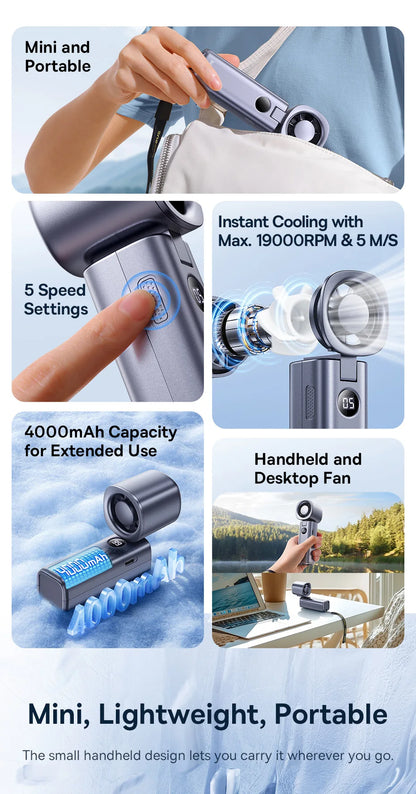 Ventilador Portátil Baseus Mini – Plegable, 5 Velocidades, Recargable 4000mAh para Hogar, Exterior y Coche