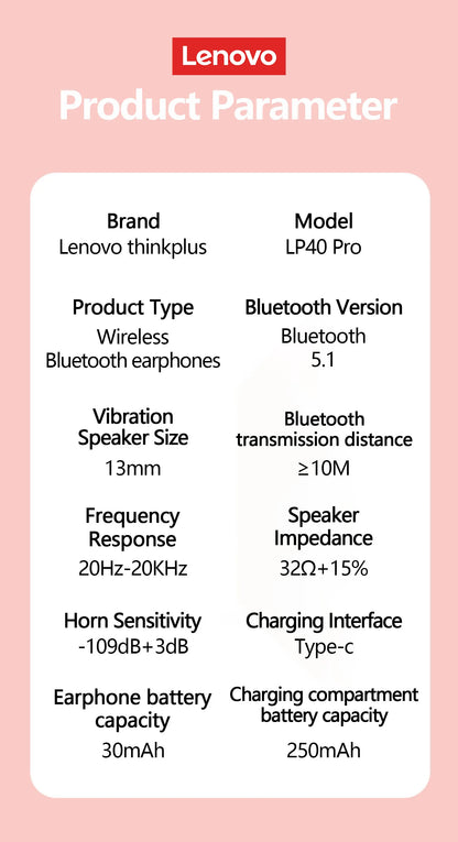 Lenovo-auriculares inalámbricos LP40 Pro con Bluetooth 5,1, dispositivo de audio de alta capacidad, diseño semiintrauditivo, Chip inteligente con micrófono