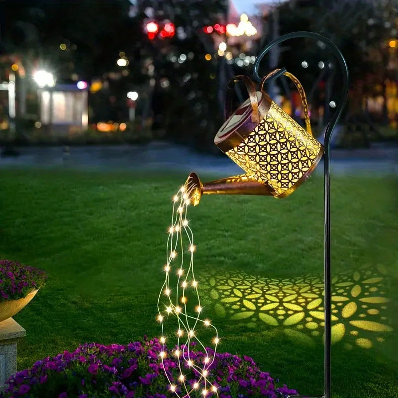 Linterna de Metal Retro grande, regadera Solar, luces de ducha impermeables para exteriores, Hada LED de estrella colgante para decoración de jardín