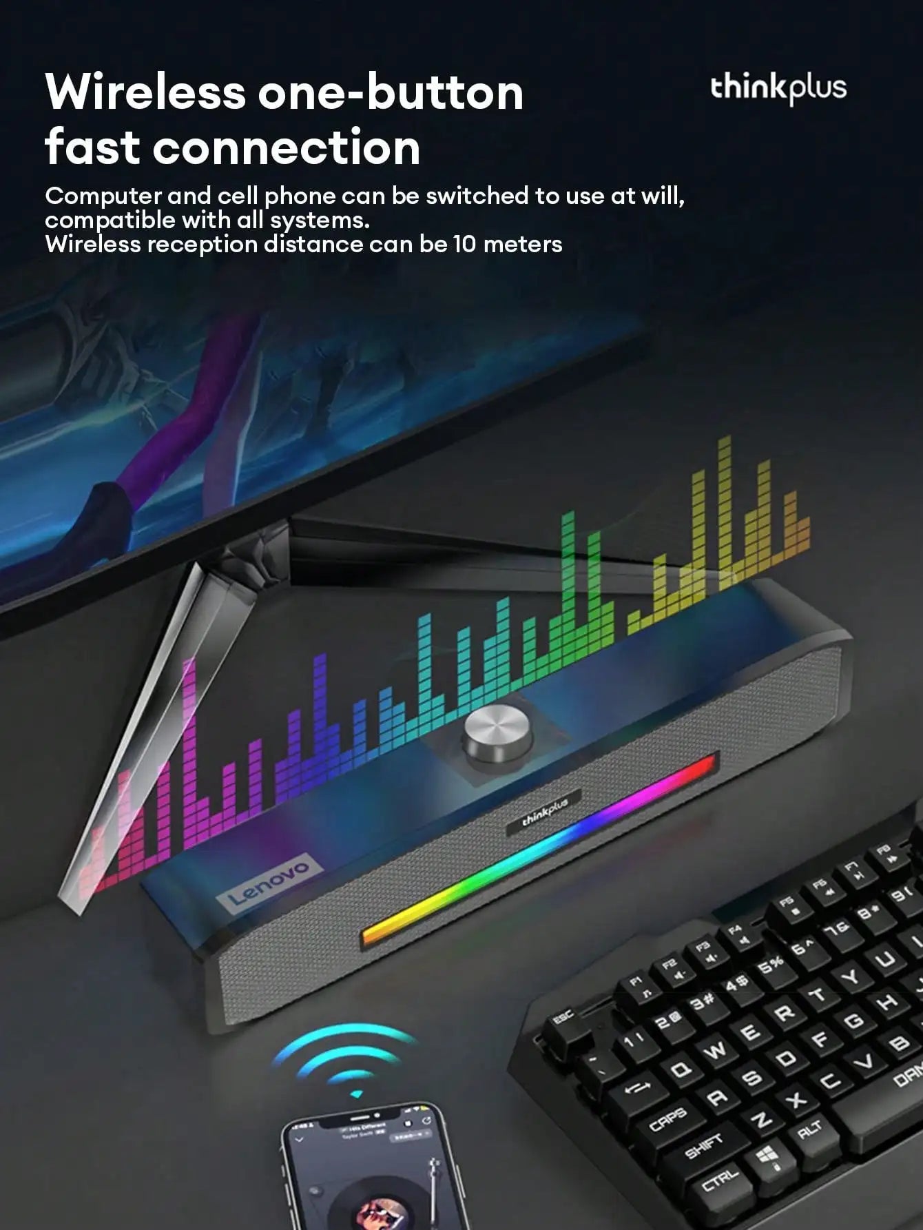 Barra de Sonido Lenovo TS33 con Subwoofer AUX y Bluetooth 5.0 – Sonido Envolvente 360° para PC y Cine en Casa