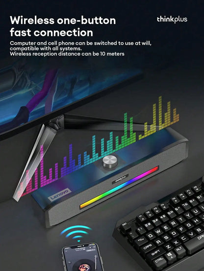 Barra de Sonido Lenovo TS33 con Subwoofer AUX y Bluetooth 5.0 – Sonido Envolvente 360° para PC y Cine en Casa