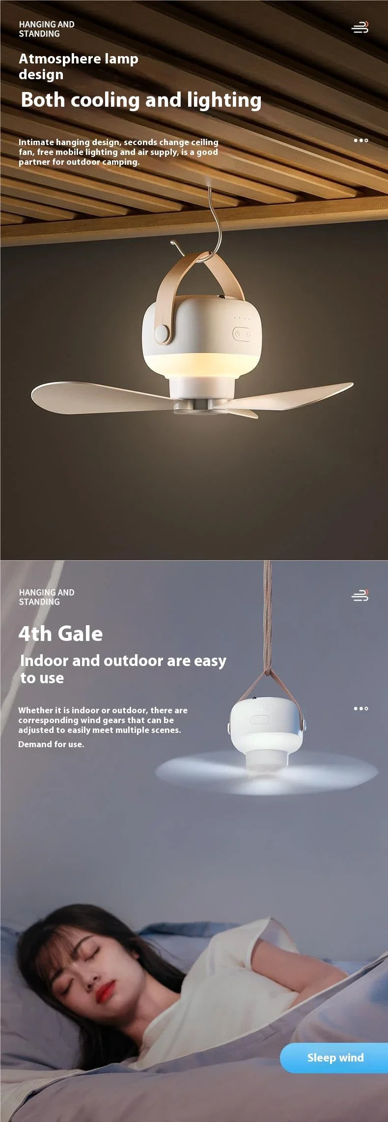 Ventiladores de techo portátiles, ventilador eléctrico LED recargable, lámpara de noche para el hogar, tienda de campaña al aire libre, ventilador colgante con Control remoto