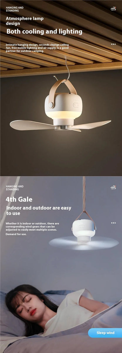 Ventiladores de techo portátiles, ventilador eléctrico LED recargable, lámpara de noche para el hogar, tienda de campaña al aire libre, ventilador colgante con Control remoto