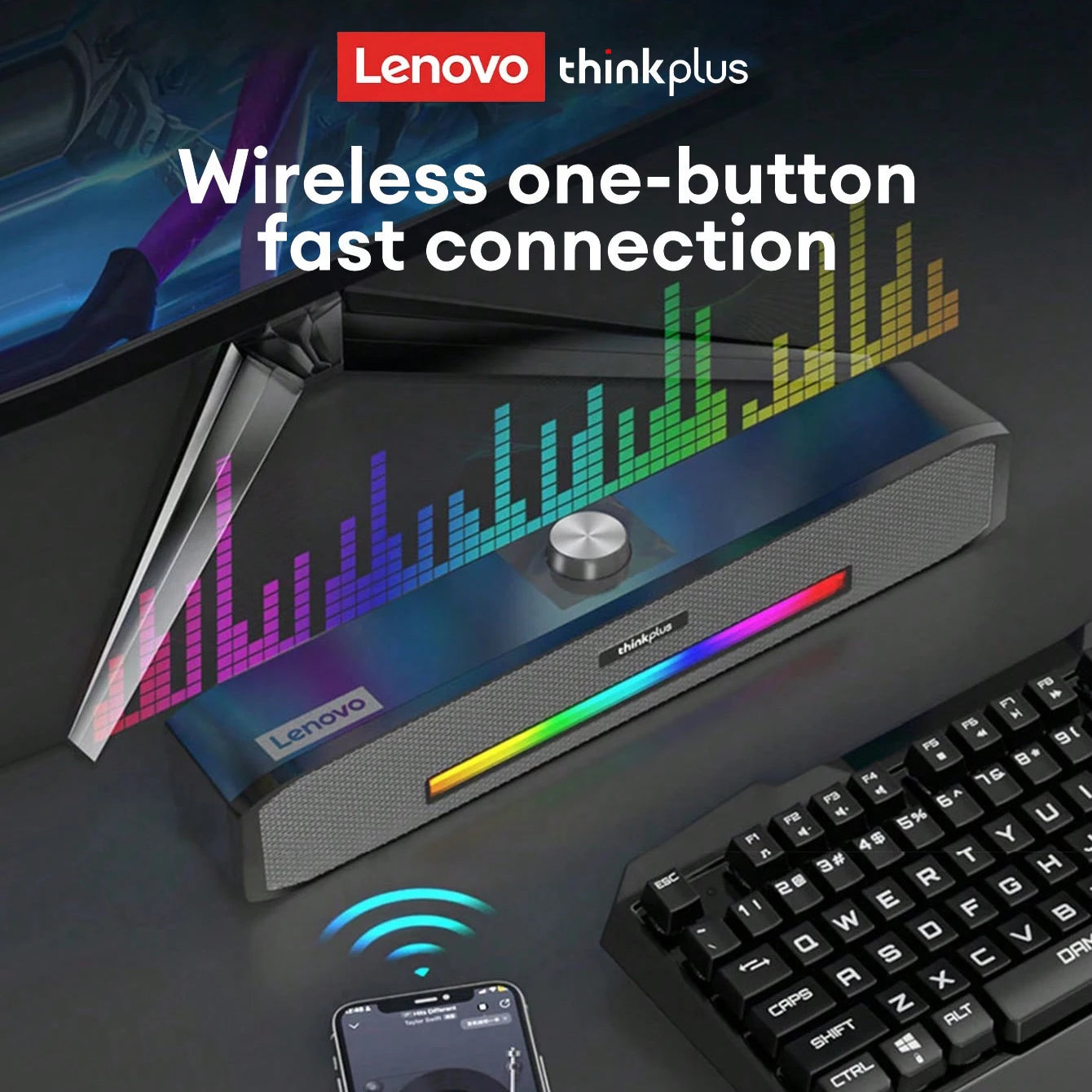 Barra de Sonido Lenovo TS33 con Subwoofer AUX y Bluetooth 5.0 – Sonido Envolvente 360° para PC y Cine en Casa