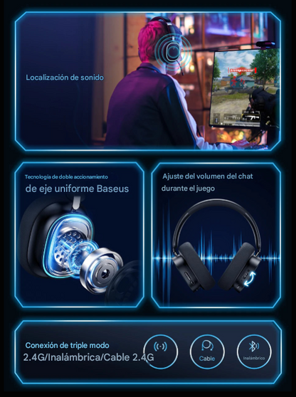 Auriculares para juegos Baseus GH02 con cable e inalámbricos, Bluetooth 5.3, controlador de 40 mm, RGB.